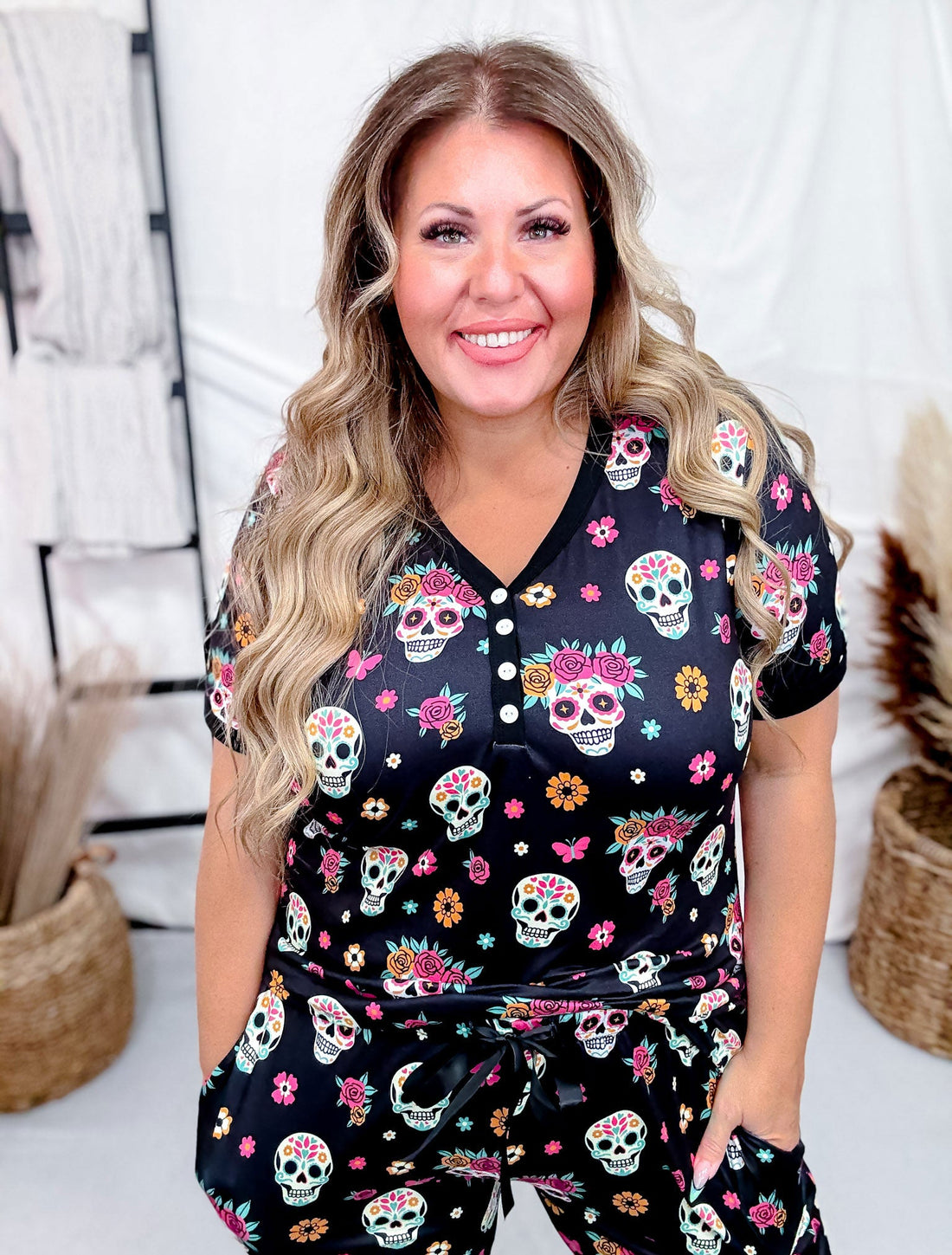 Sugar Skulls Short Sleeve and Joggers Pajama Set - Whiskey Skies - SHIRLEY & STONE