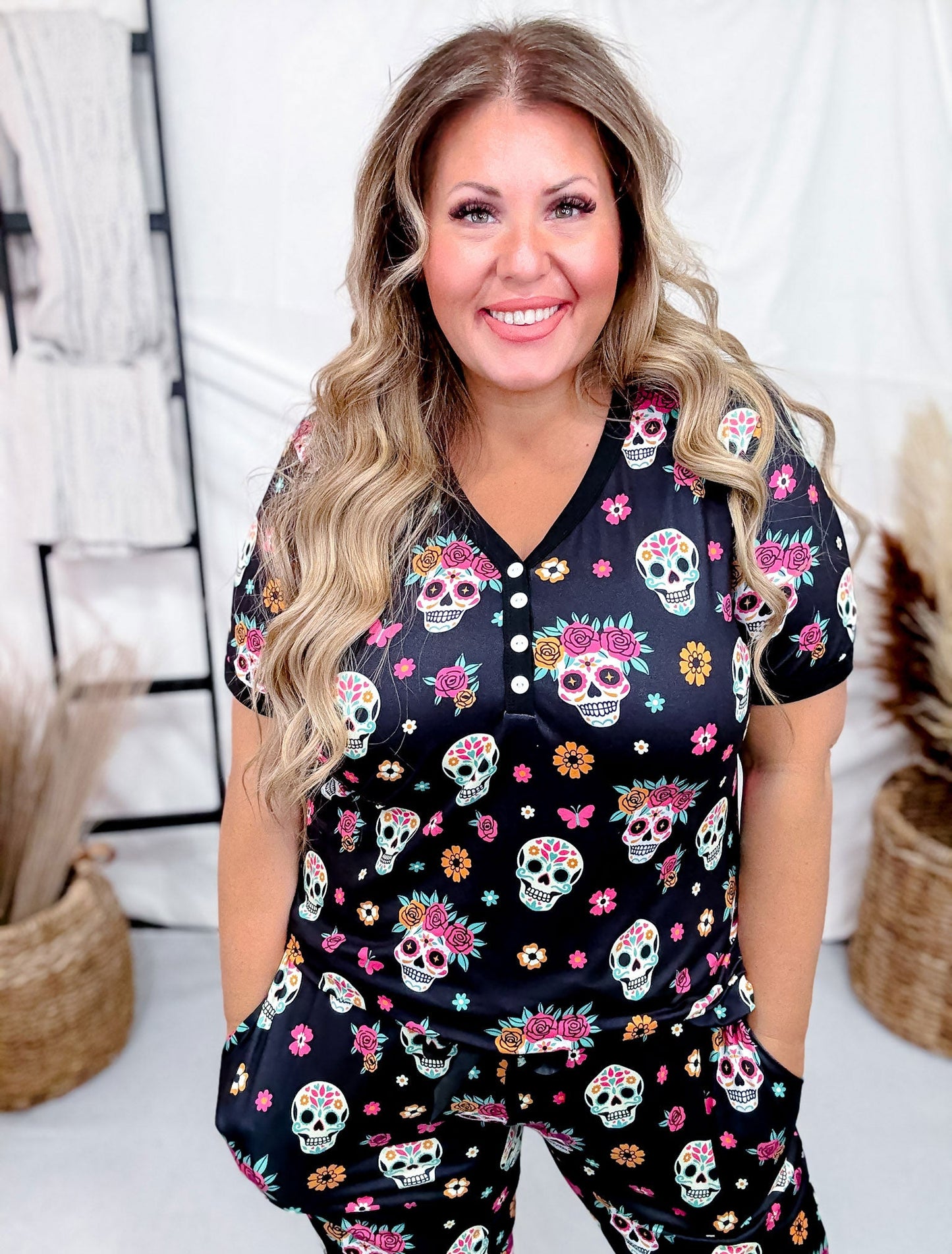 Sugar Skulls Short Sleeve and Joggers Pajama Set - Whiskey Skies - SHIRLEY & STONE