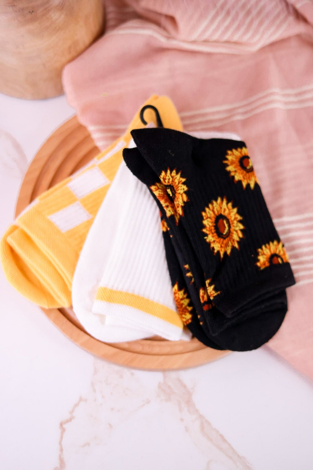 Sunflower & Check Women's Socks (Set Of 3) - Whiskey Skies - RENFRO SOCKS