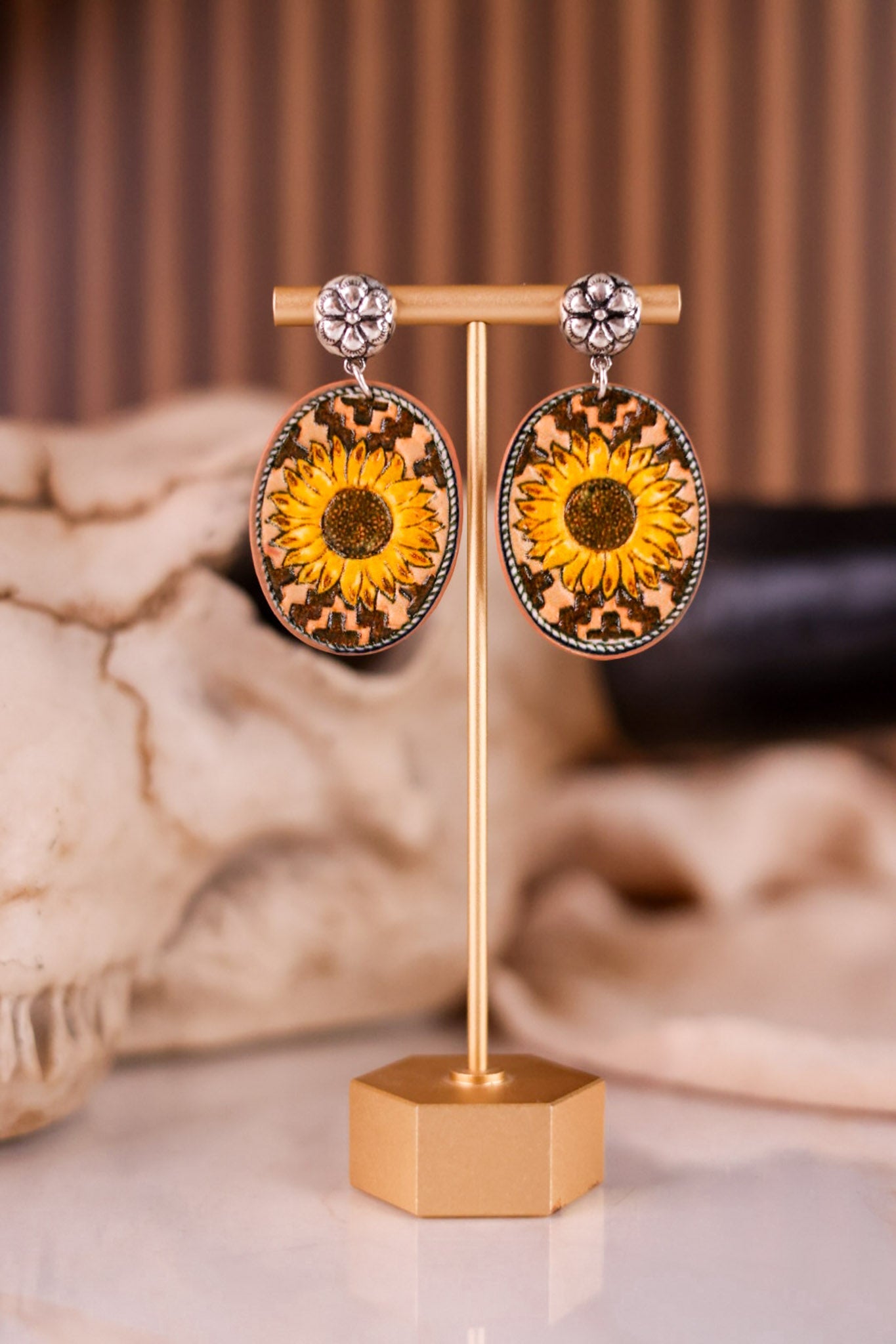 Sunflower Western Style Leather Stone Post Drop Dangle Earrings - Whiskey Skies - BOHO RANCH SHOP