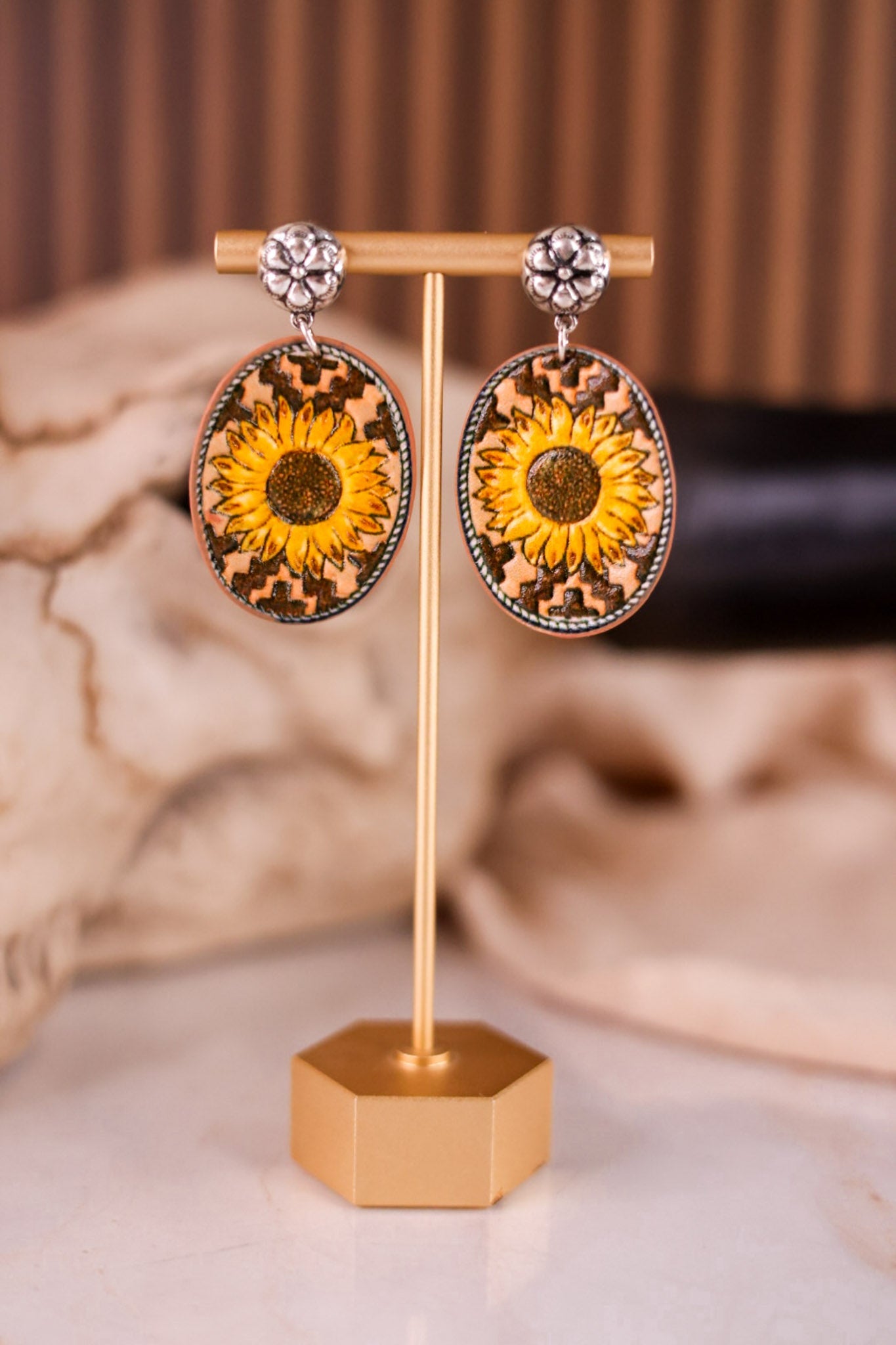 Sunflower Western Style Leather Stone Post Drop Dangle Earrings - Whiskey Skies - BOHO RANCH SHOP