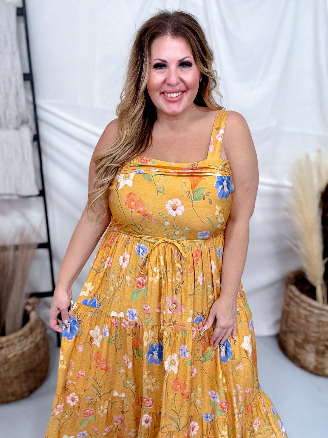 Sunflower Yellow Textured Floral Pleated Detail Bow Back Dress - Whiskey Skies - HAYDEN