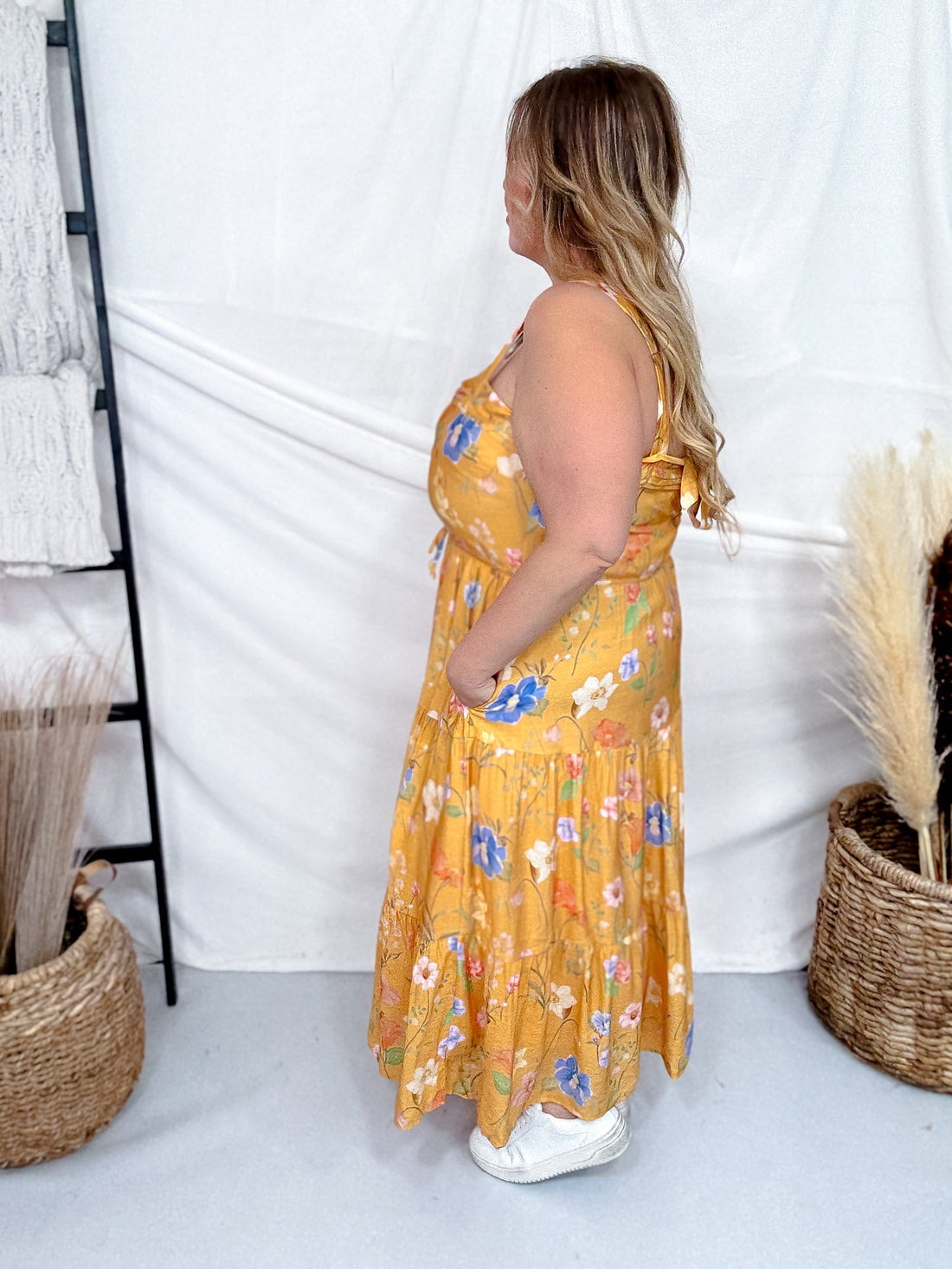 Sunflower Yellow Textured Floral Pleated Detail Bow Back Dress - Whiskey Skies - HAYDEN