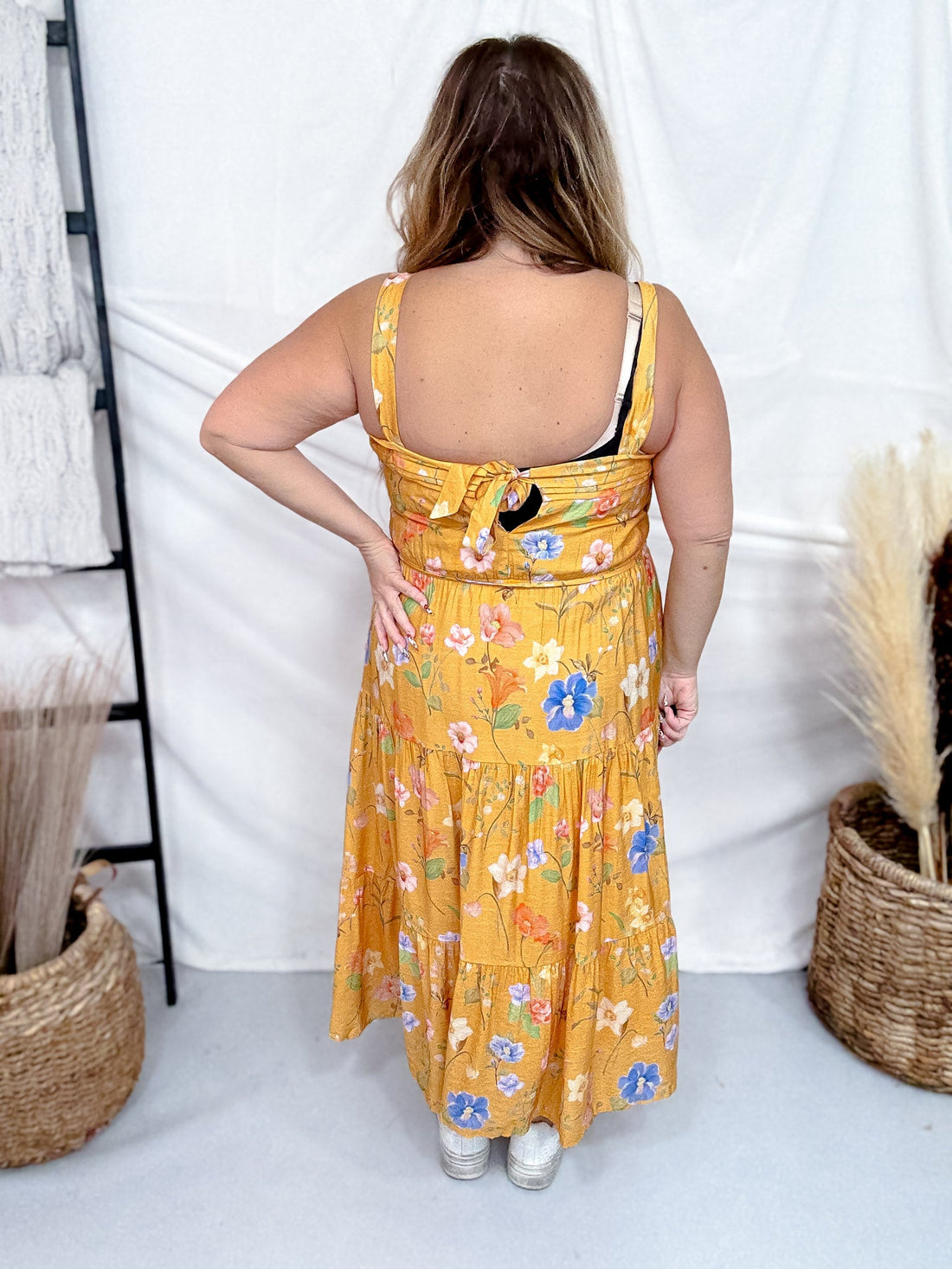 Sunflower Yellow Textured Floral Pleated Detail Bow Back Dress - Whiskey Skies - HAYDEN