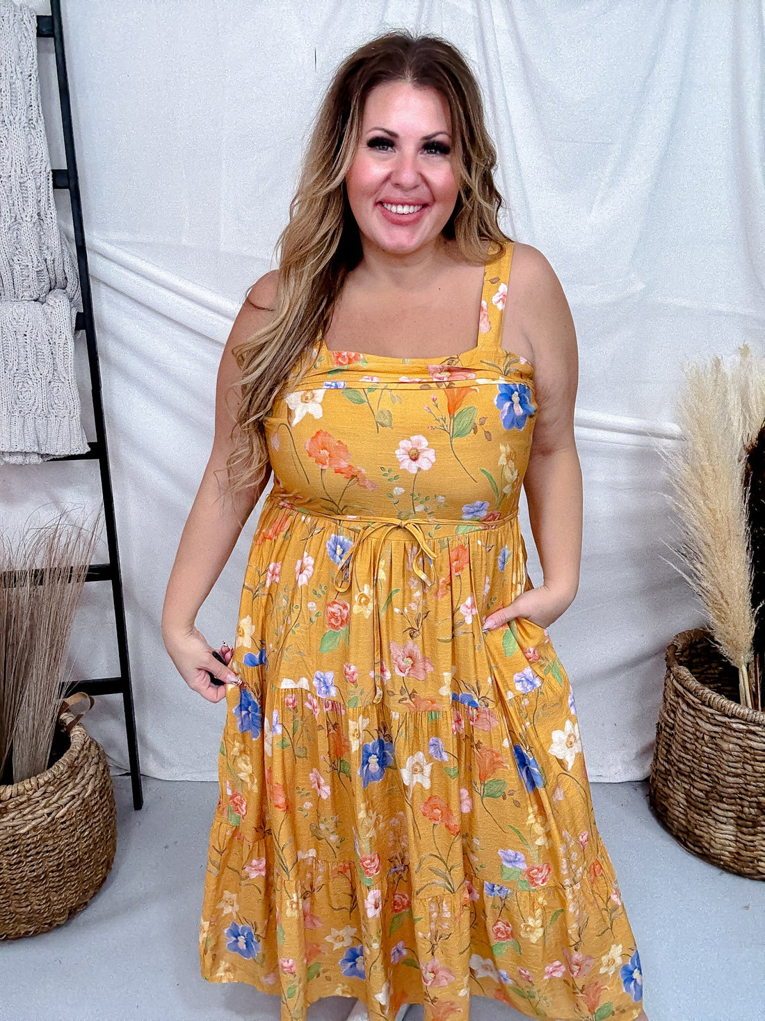 Sunflower Yellow Textured Floral Pleated Detail Bow Back Dress - Whiskey Skies - HAYDEN