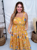 Sunflower Yellow Textured Floral Pleated Detail Bow Back Dress - Whiskey Skies - HAYDEN