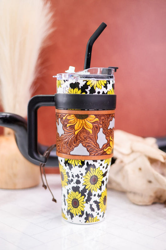 Sunflowers and Cow Print Wide Wyoming Tumbler - Whiskey Skies - MYRA BAGS