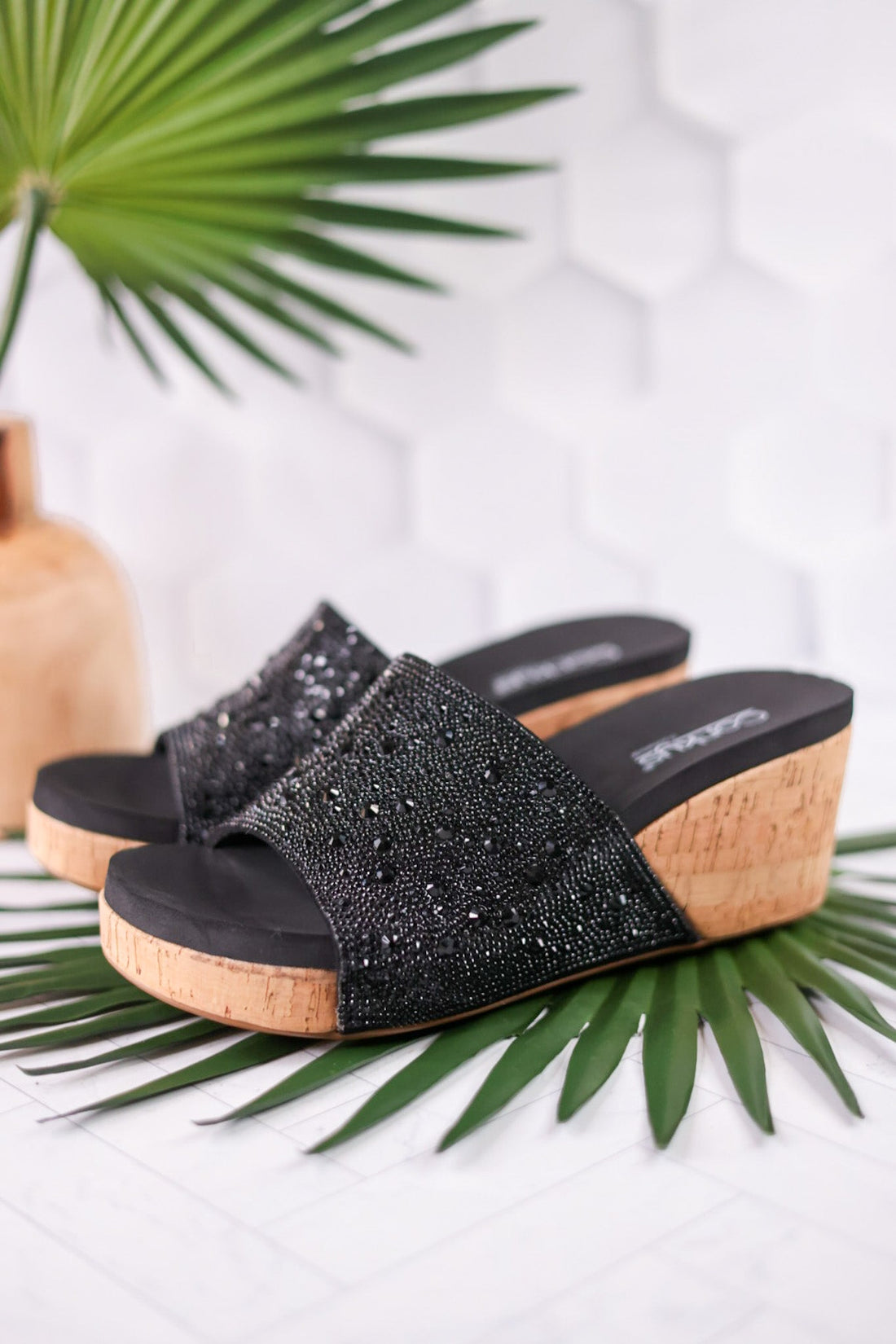 Sunlight Black Rhinestone And Cork Wedges - Whiskey Skies - CORKYS FOOTWEAR