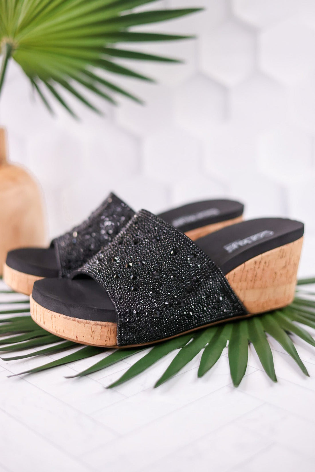 Sunlight Black Rhinestone And Cork Wedges - Whiskey Skies - CORKYS FOOTWEAR