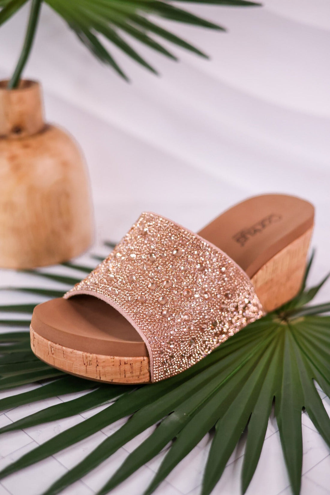 Sunlight Champagne Rhinestone And Cork Wedges - Whiskey Skies - CORKYS FOOTWEAR