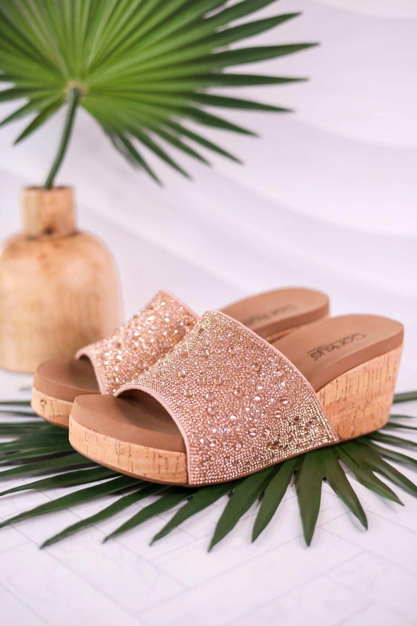 Sunlight Champagne Rhinestone And Cork Wedges - Whiskey Skies - CORKYS FOOTWEAR