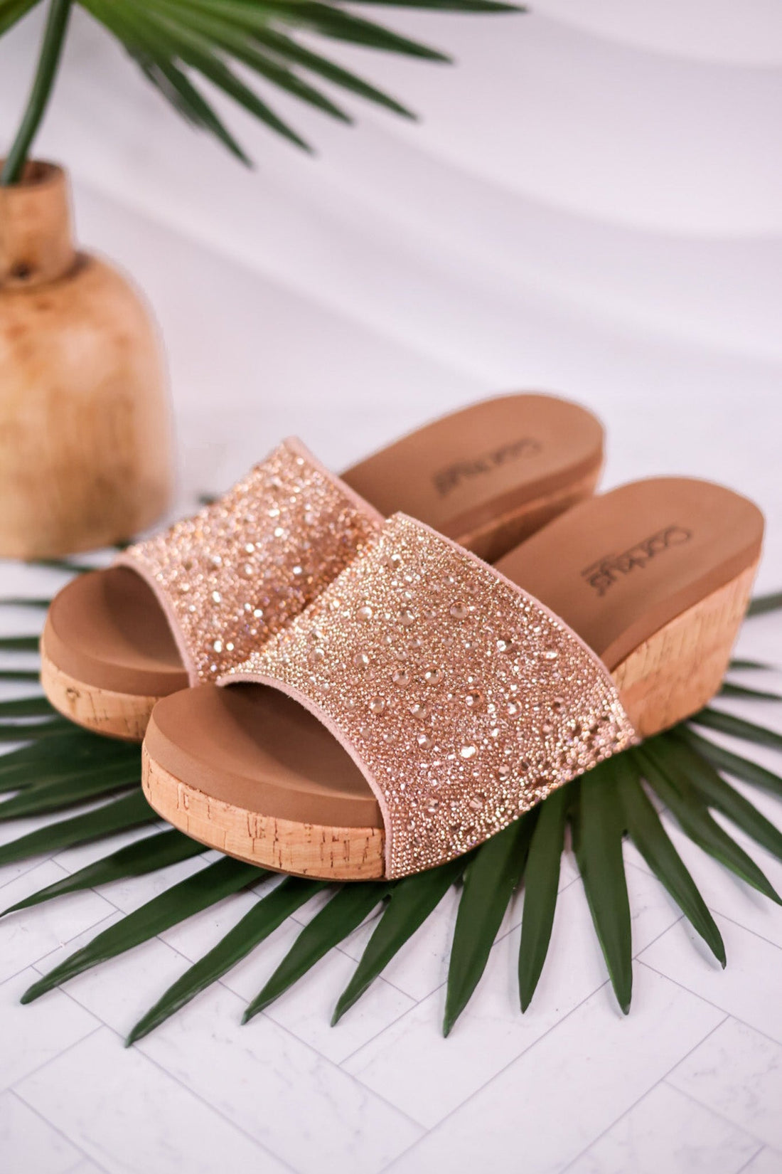 Sunlight Champagne Rhinestone And Cork Wedges - Whiskey Skies - CORKYS FOOTWEAR