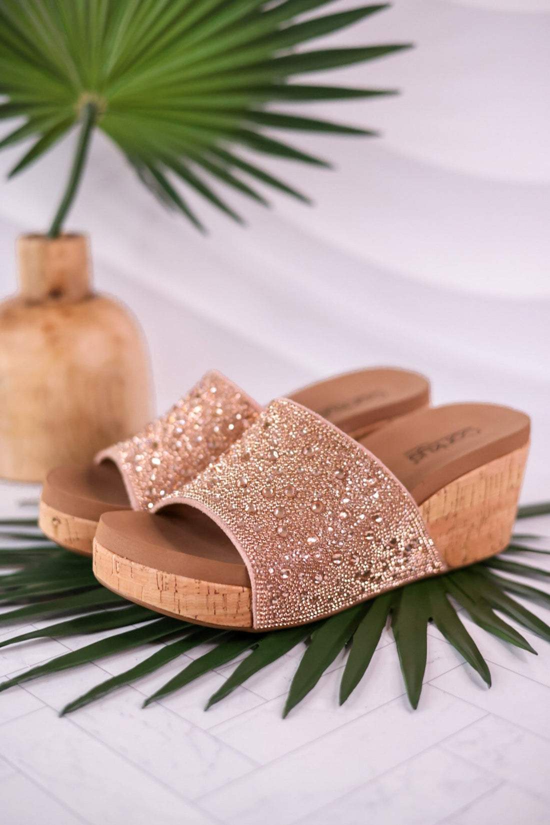 Sunlight Champagne Rhinestone And Cork Wedges - Whiskey Skies - CORKYS FOOTWEAR