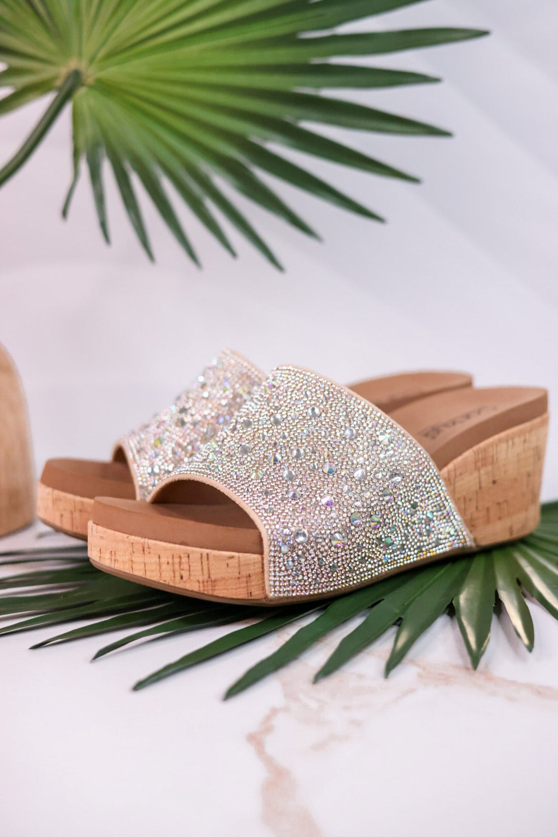 Sunlight Clear Rhinestone and Cork Wedge Sandals - Whiskey Skies - CORKYS FOOTWEAR