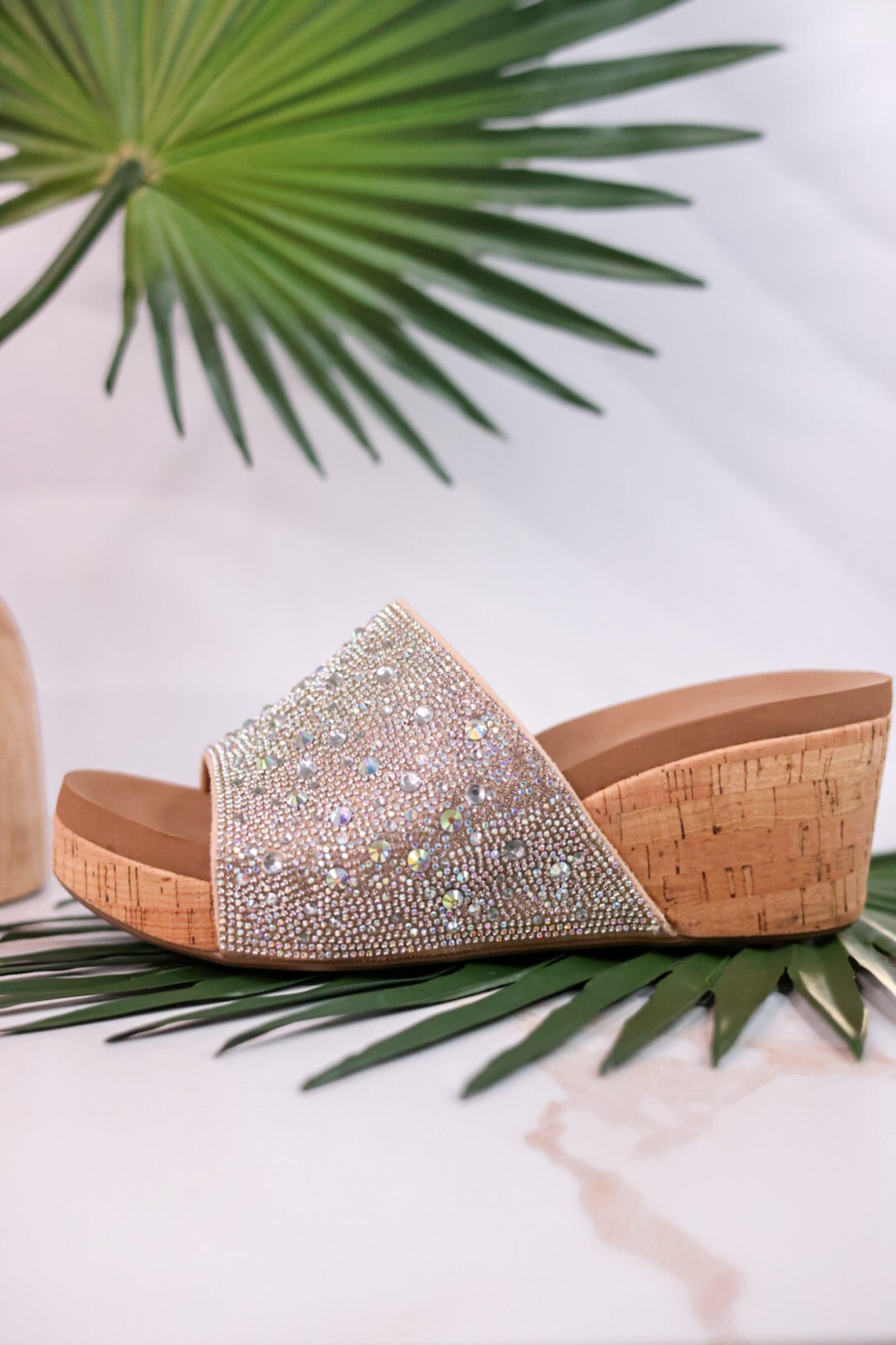 Sunlight Clear Rhinestone and Cork Wedge Sandals - Whiskey Skies - CORKYS FOOTWEAR