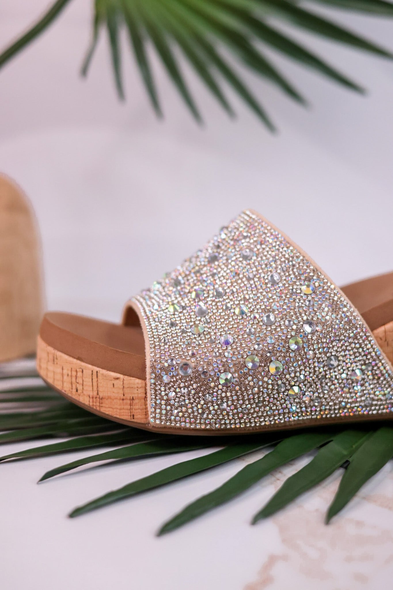 Sunlight Clear Rhinestone and Cork Wedge Sandals - Whiskey Skies - CORKYS FOOTWEAR