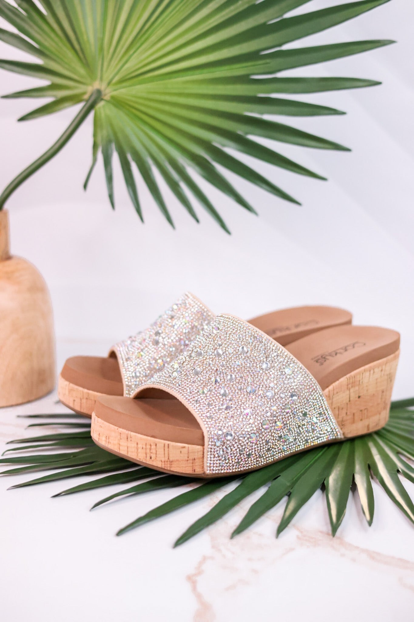 Sunlight Clear Rhinestone and Cork Wedge Sandals - Whiskey Skies - CORKYS FOOTWEAR