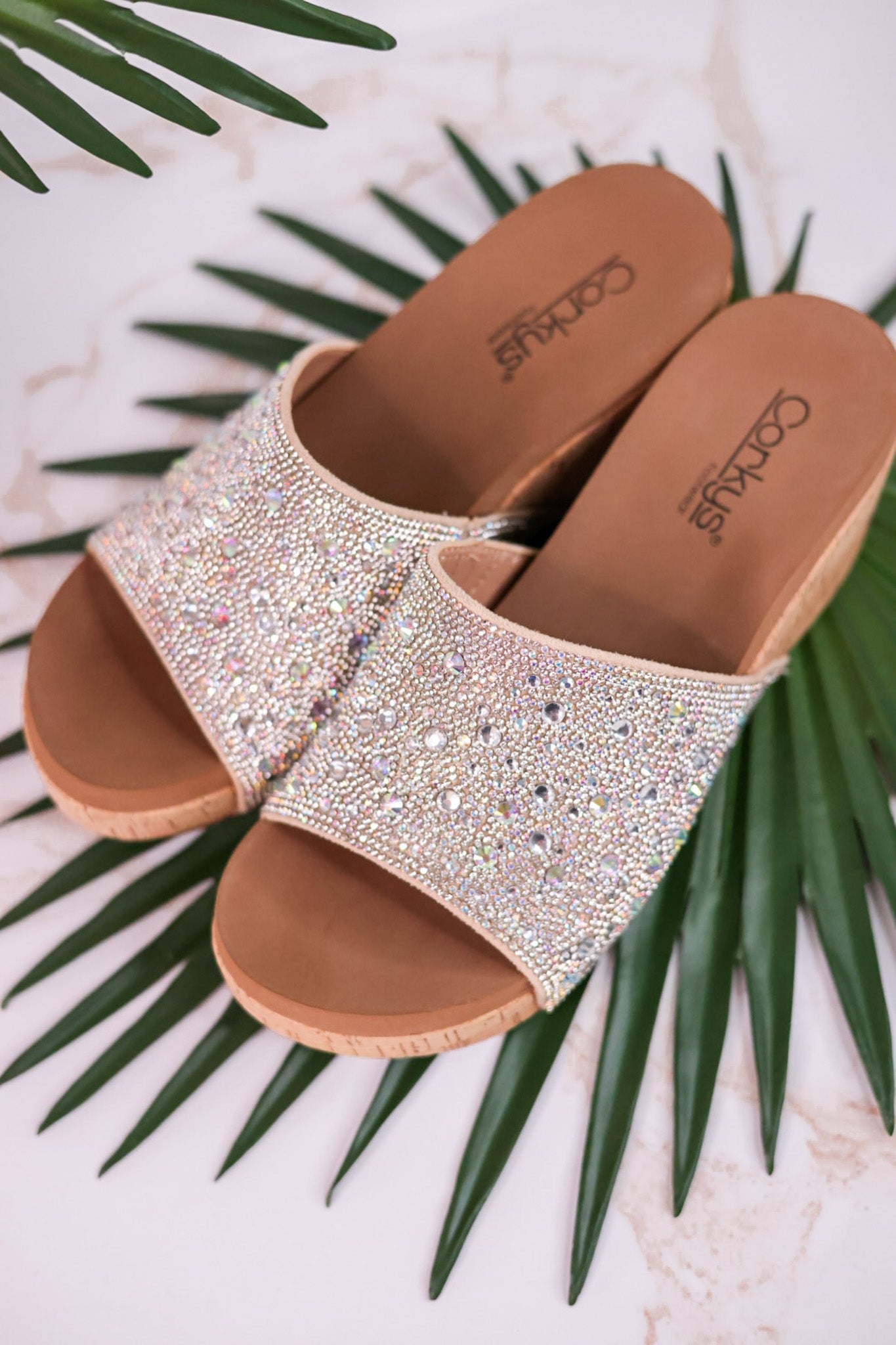 Sunlight Clear Rhinestone and Cork Wedge Sandals - Whiskey Skies - CORKYS FOOTWEAR