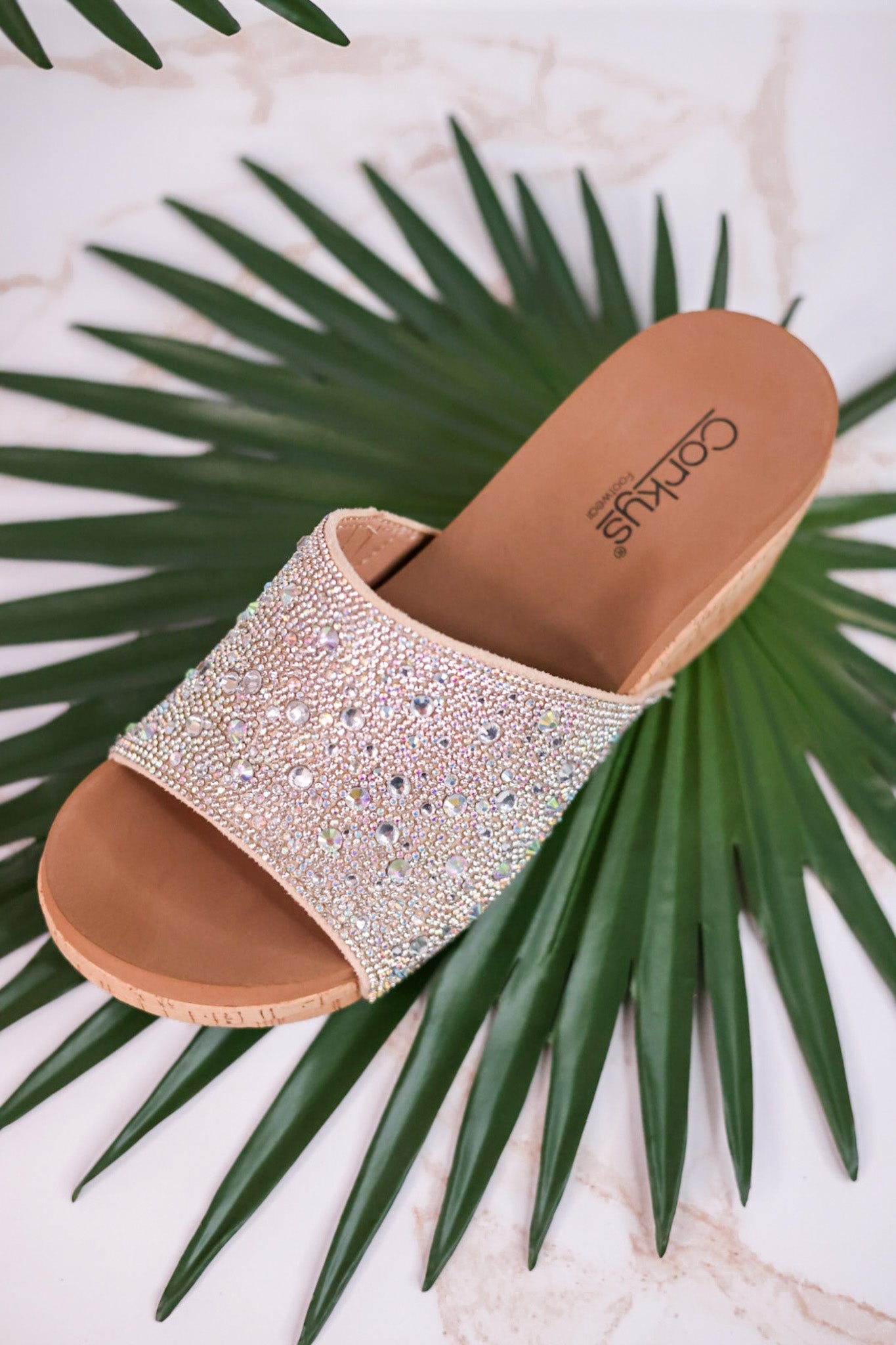 Sunlight Clear Rhinestone and Cork Wedge Sandals - Whiskey Skies - CORKYS FOOTWEAR