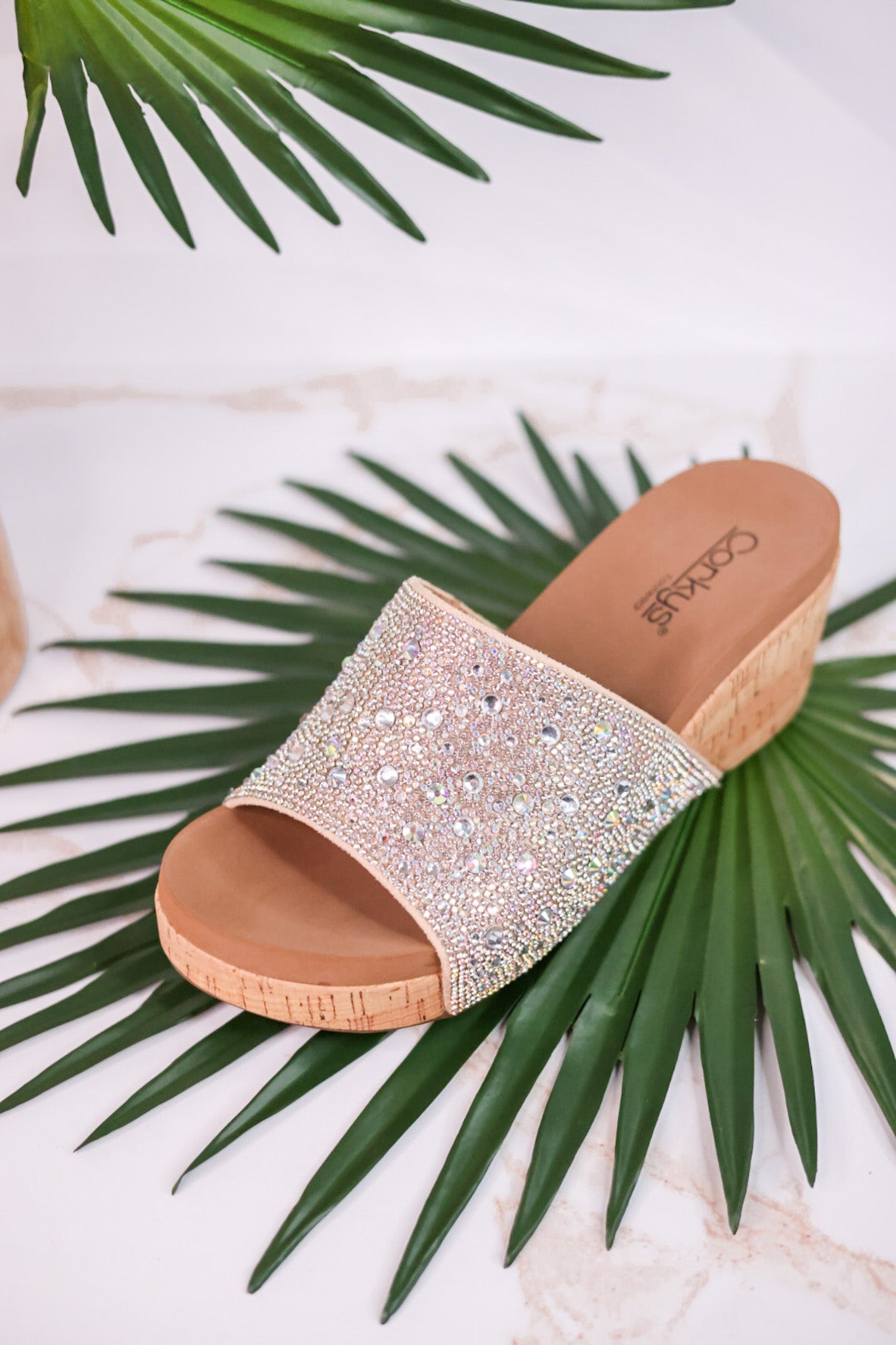 Sunlight Clear Rhinestone and Cork Wedge Sandals Whiskey Skies