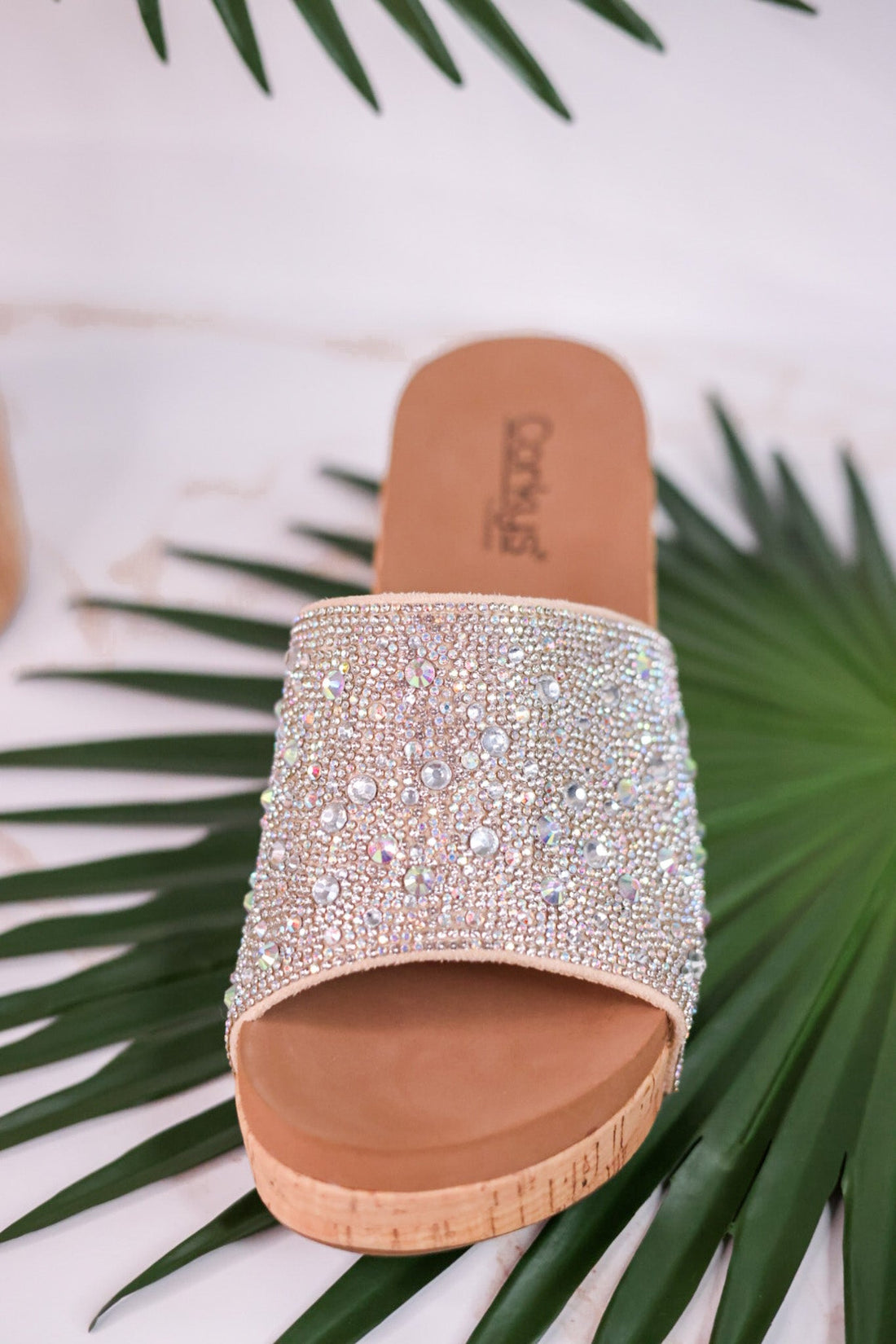 Sunlight Clear Rhinestone and Cork Wedge Sandals - Whiskey Skies - CORKYS FOOTWEAR