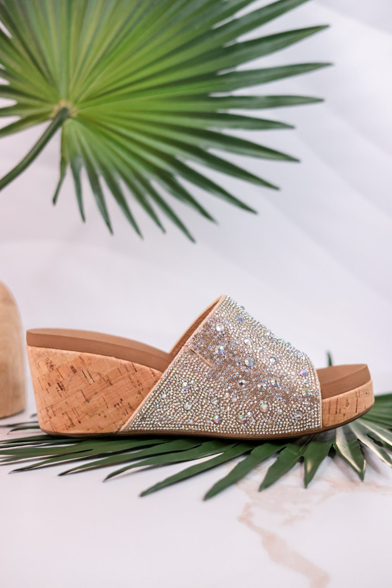 Sunlight Clear Rhinestone and Cork Wedge Sandals - Whiskey Skies - CORKYS FOOTWEAR