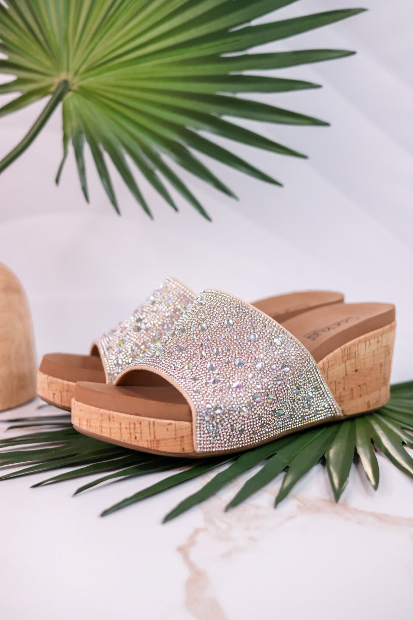 Sunlight Clear Rhinestone and Cork Wedge Sandals Whiskey Skies