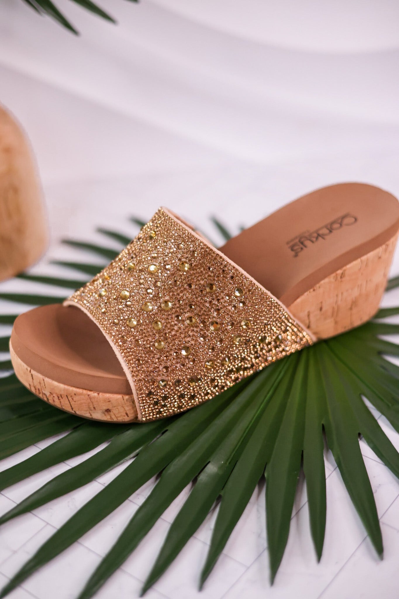 Sunlight Gold Rhinestone And Cork Wedges - Whiskey Skies - CORKYS FOOTWEAR