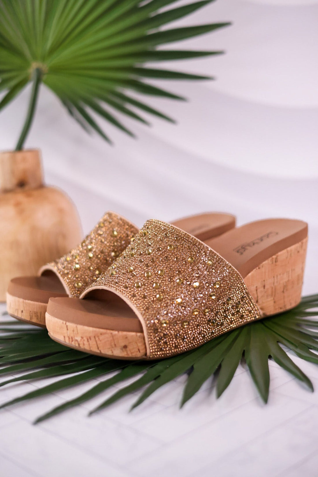 Sunlight Gold Rhinestone And Cork Wedges - Whiskey Skies - CORKYS FOOTWEAR