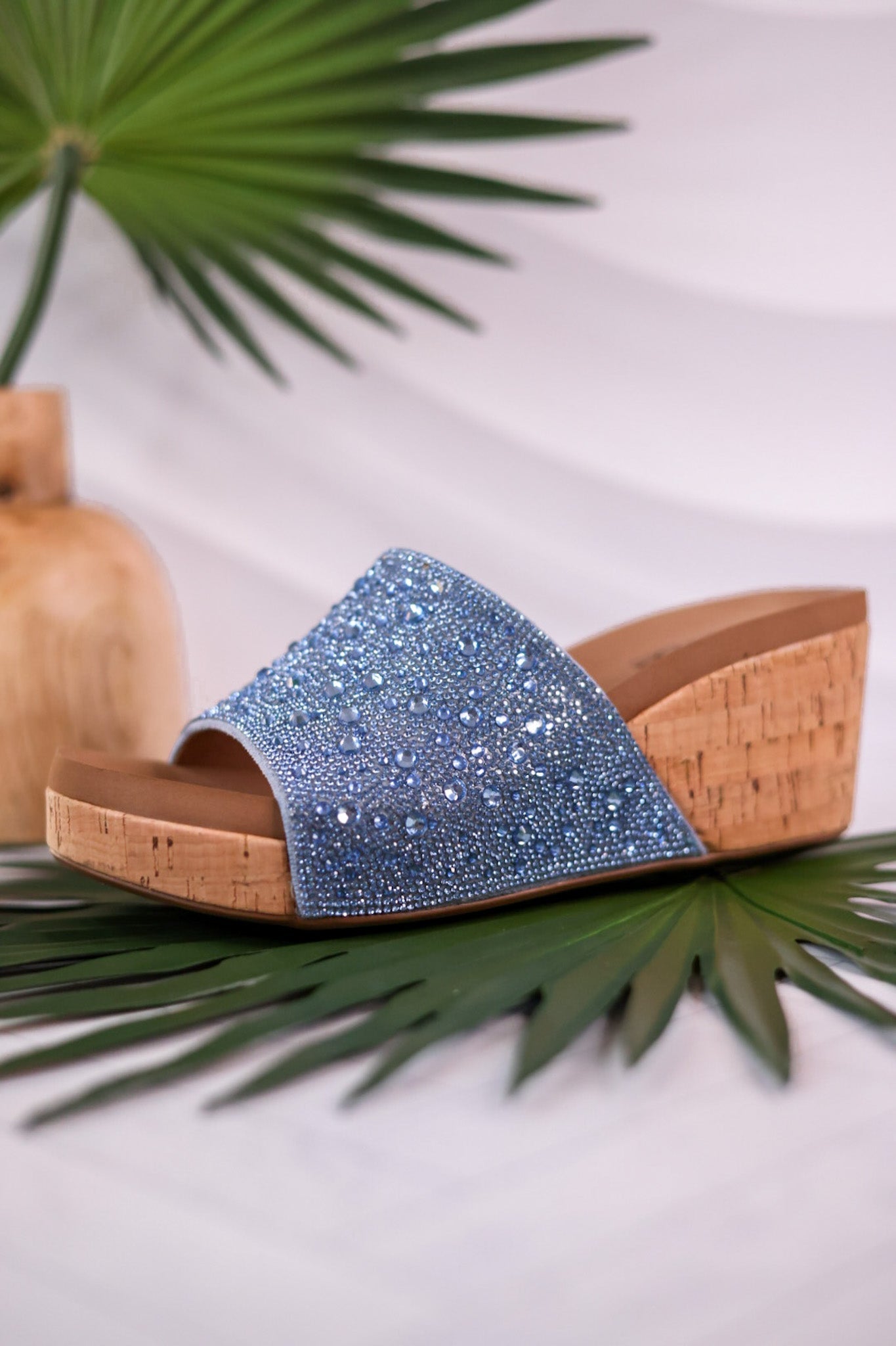 Sunlight Light Blue Rhinestone And Cork Wedges - Whiskey Skies - CORKYS FOOTWEAR