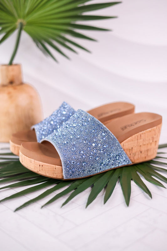 Sunlight Light Blue Rhinestone And Cork Wedges - Whiskey Skies - CORKYS FOOTWEAR