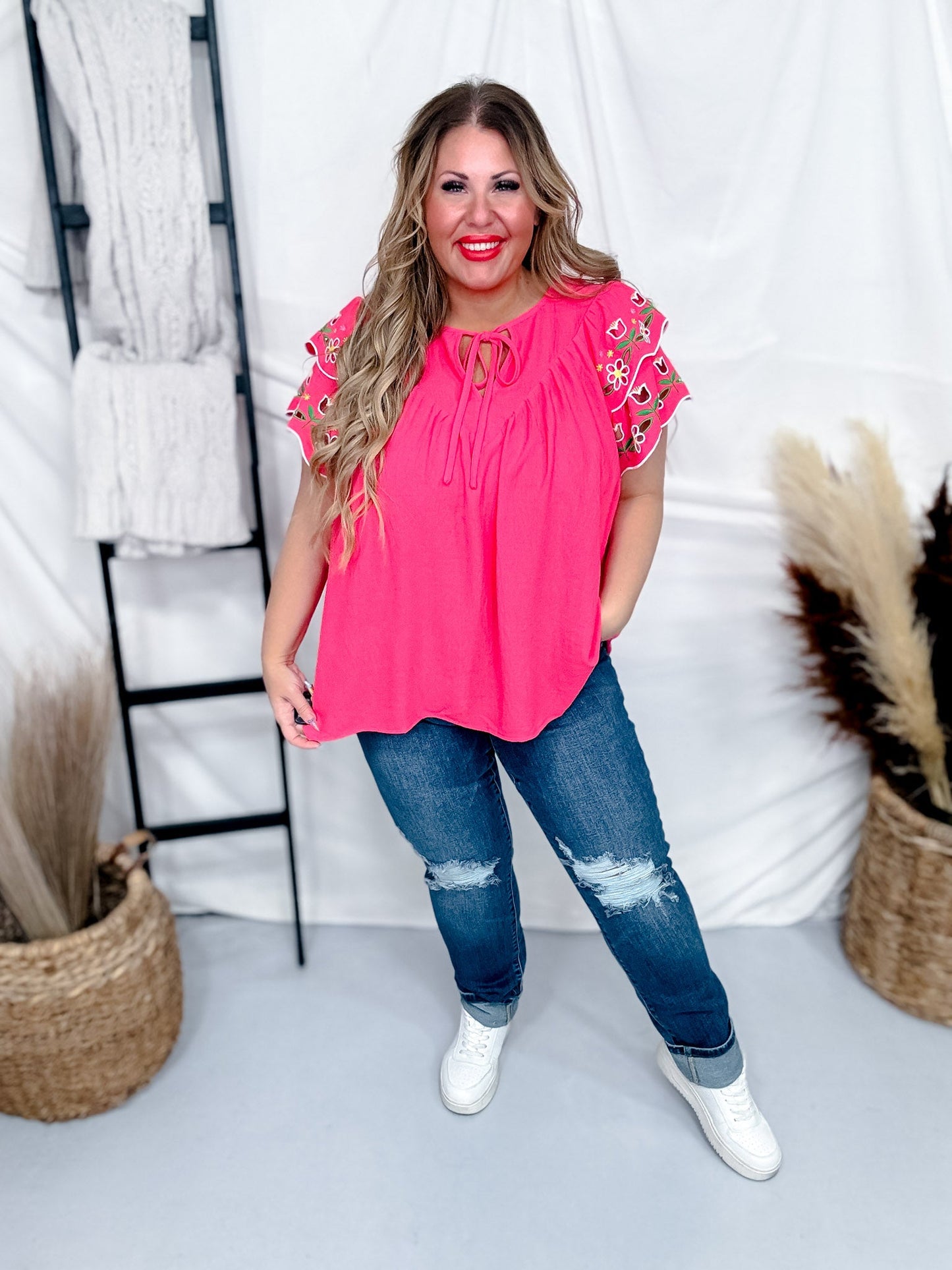 Sunset Coral Airflow Fabric Blouse W/ Embroidered Sleeves - Whiskey Skies - ODDI