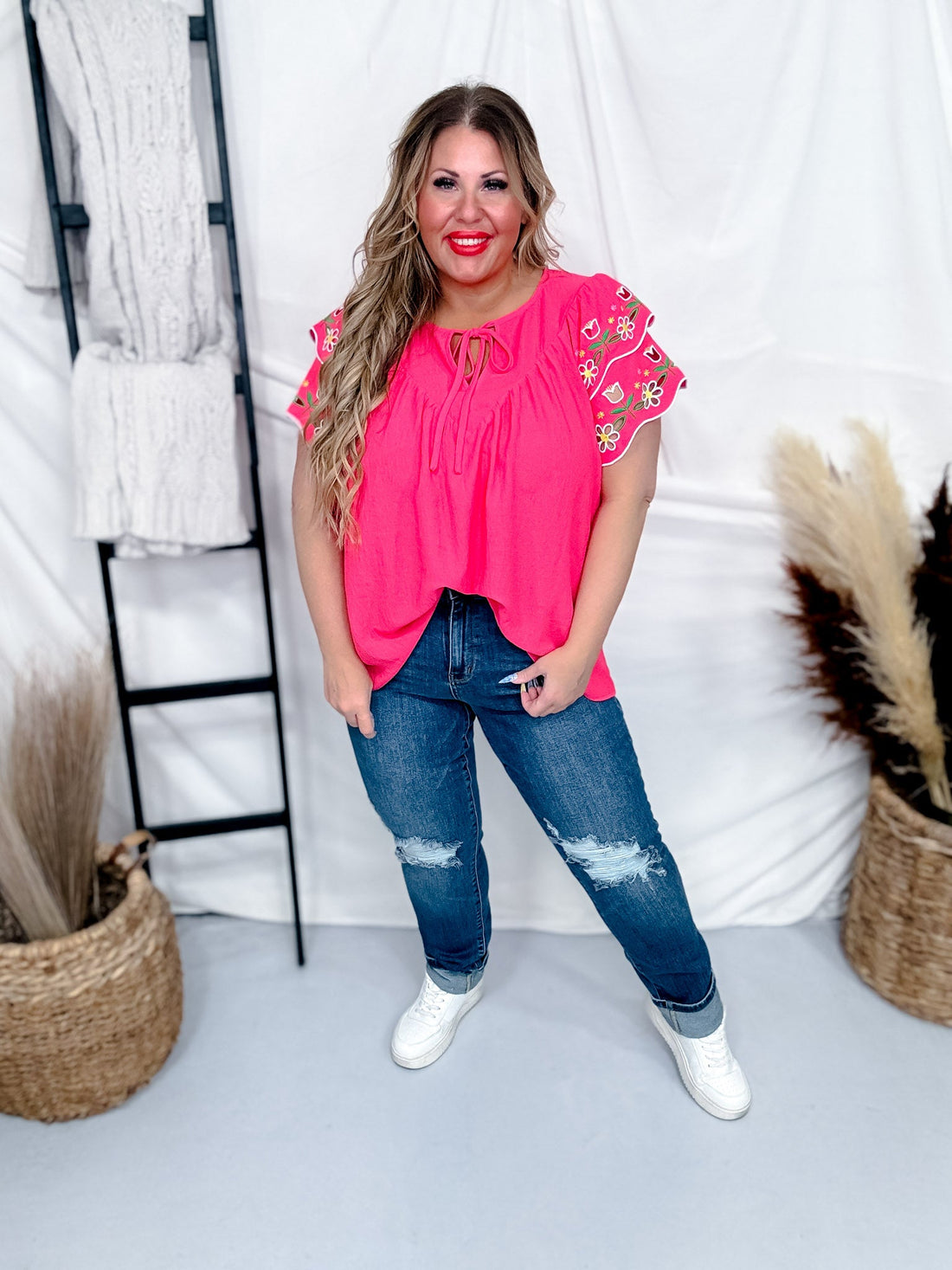 Sunset Coral Airflow Fabric Blouse W/ Embroidered Sleeves - Whiskey Skies - ODDI
