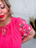 Sunset Coral Airflow Fabric Blouse W/ Embroidered Sleeves - Whiskey Skies - ODDI