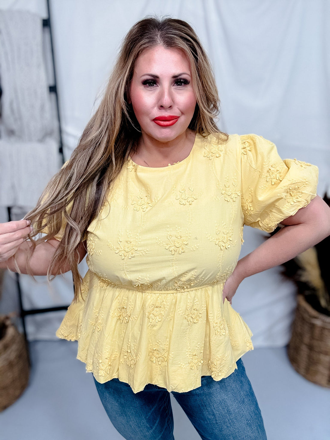 Sunshine Yellow Peplum Top with Bubble Sleeves - Whiskey Skies - HAYDEN