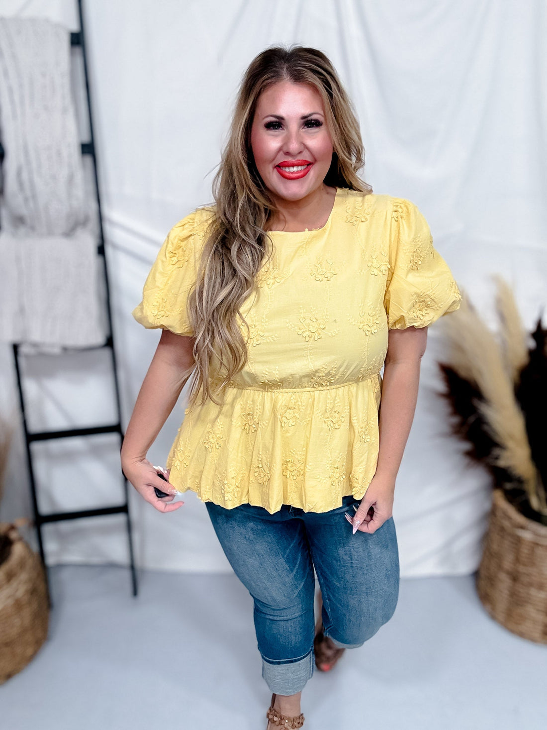 Sunshine Yellow Peplum Top with Bubble Sleeves - Whiskey Skies - HAYDEN