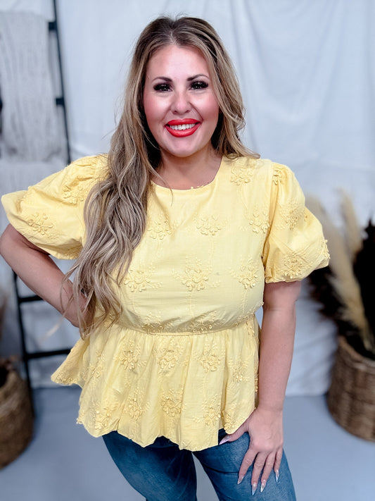Sunshine Yellow Peplum Top with Bubble Sleeves - Whiskey Skies - HAYDEN