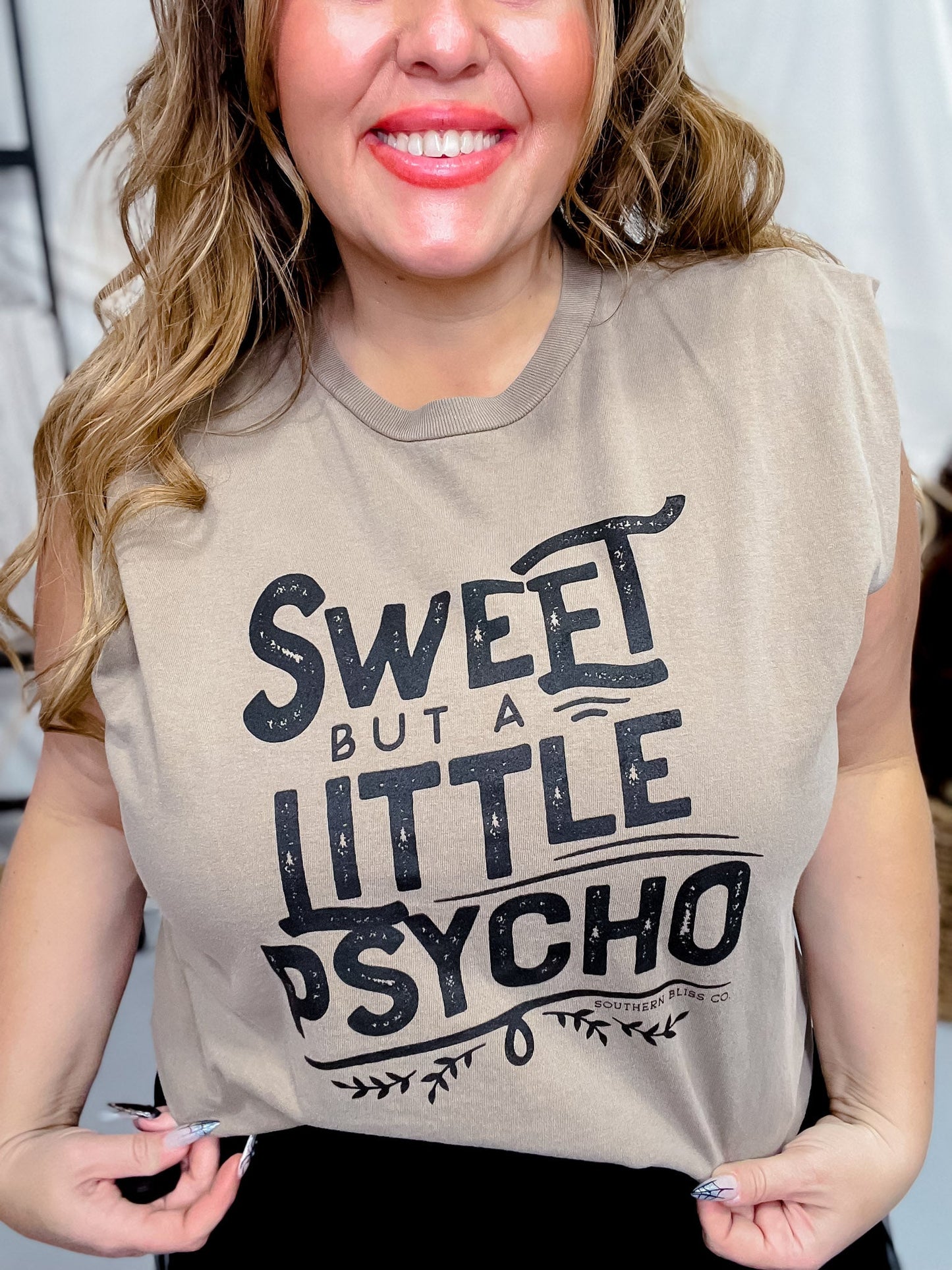 Sweet Psycho Graphic Muscle Tee - Whiskey Skies - SOUTHERN BLISS COMPANY