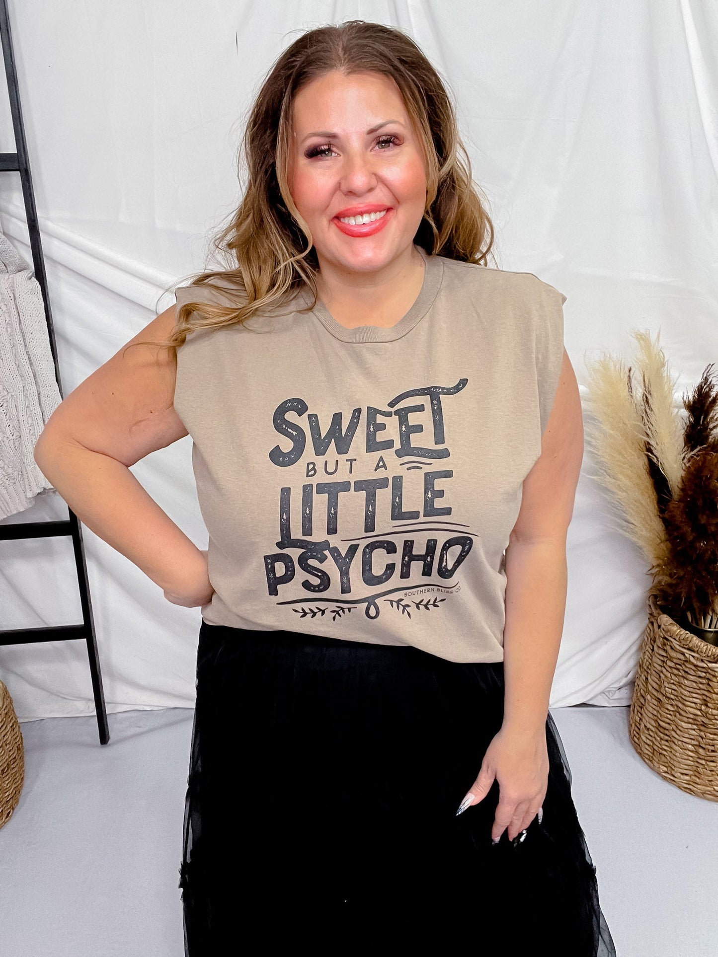 Sweet Psycho Graphic Muscle Tee - Whiskey Skies - SOUTHERN BLISS COMPANY