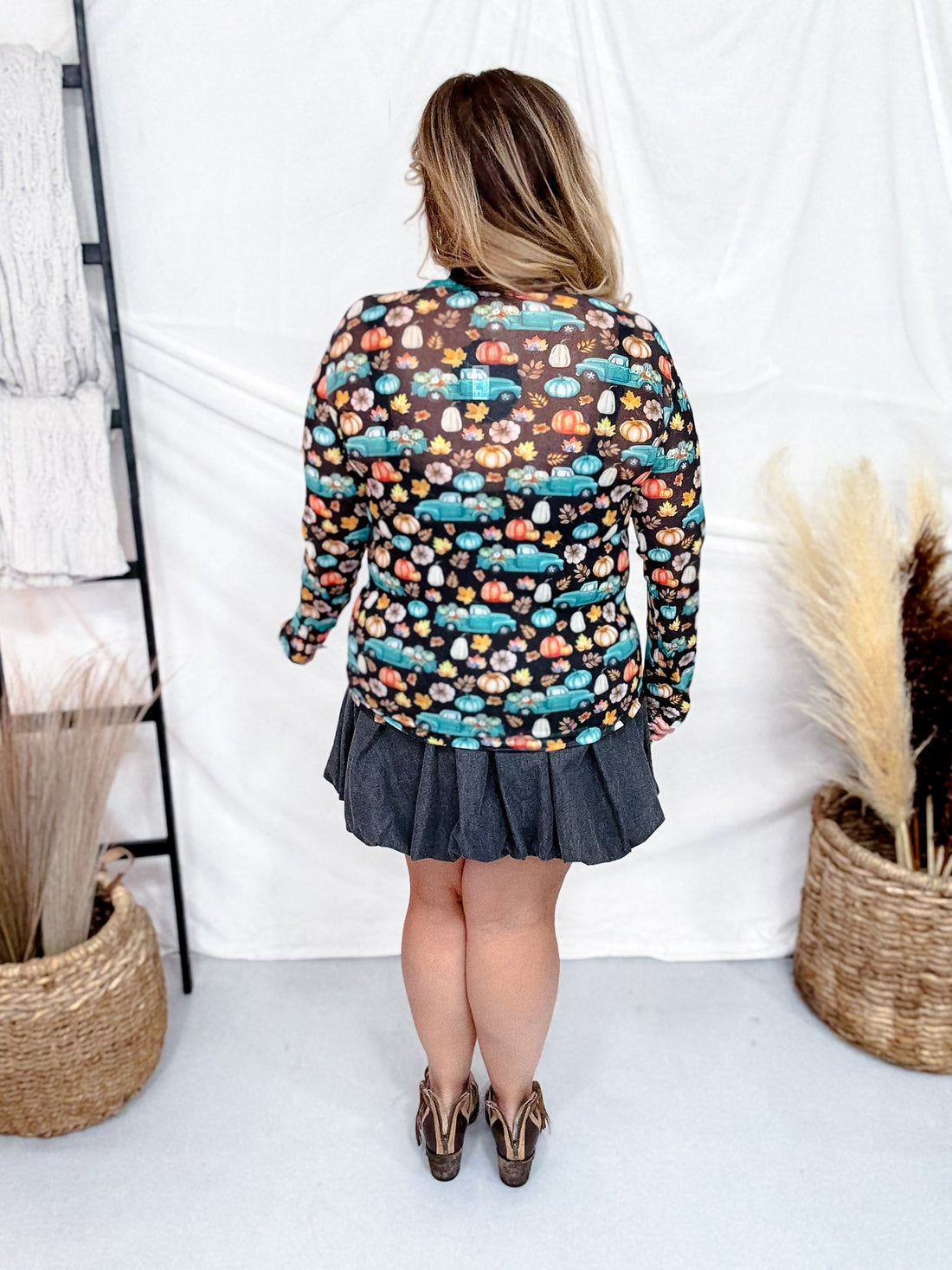 Take Me To The Pumpkin Patch Long Sleeve Mesh Top - Whiskey Skies - STERLING KREEK