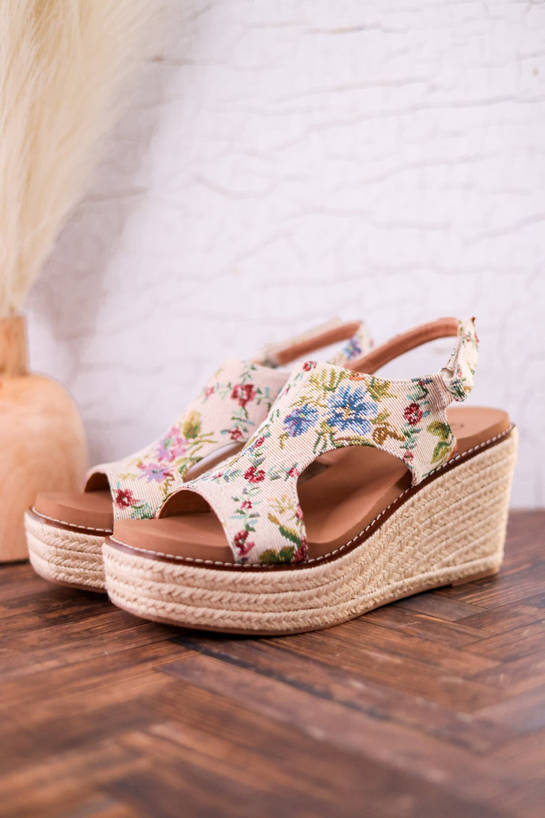 Tan and Floral Brocade Freddie Wedges - Whiskey Skies - CORKYS FOOTWEAR