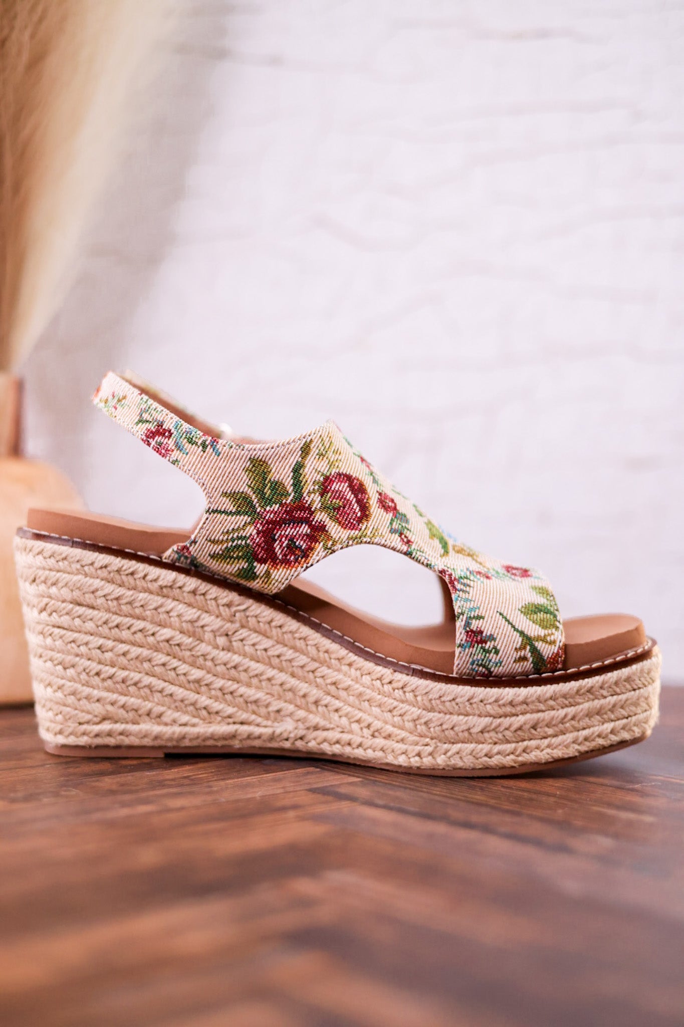 Tan and Floral Brocade Freddie Wedges - Whiskey Skies - CORKYS FOOTWEAR