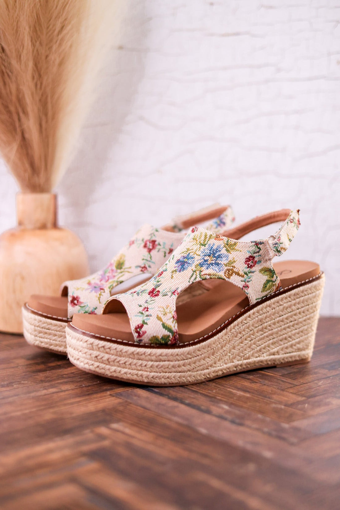 Tan and Floral Brocade Freddie Wedges - Whiskey Skies - CORKYS FOOTWEAR