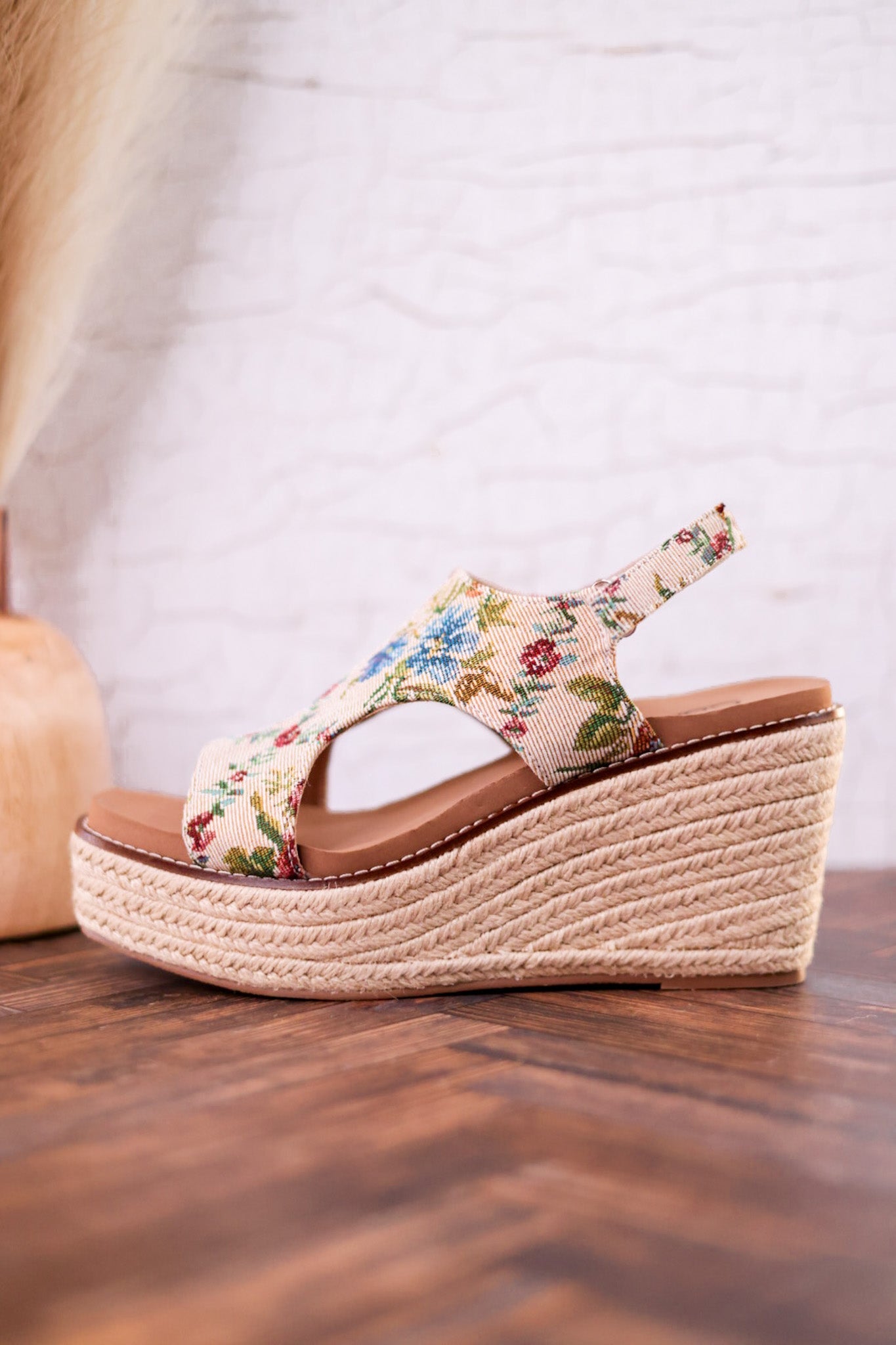 Tan and Floral Brocade Freddie Wedges - Whiskey Skies - CORKYS FOOTWEAR