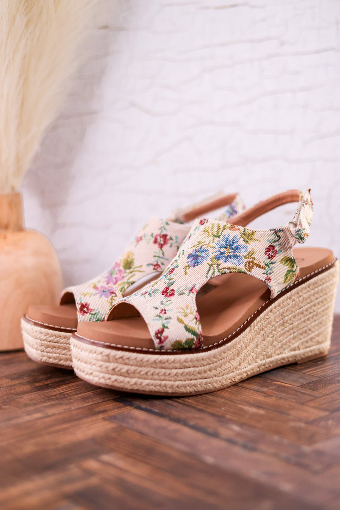 Tan and Floral Brocade Freddie Wedges - Whiskey Skies - CORKYS FOOTWEAR