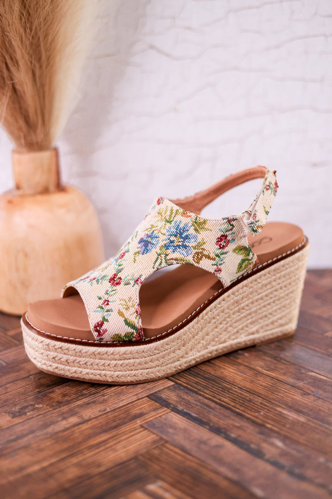 Tan and Floral Brocade Freddie Wedges - Whiskey Skies - CORKYS FOOTWEAR