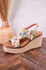 Tan and Floral Brocade Freddie Wedges - Whiskey Skies - CORKYS FOOTWEAR