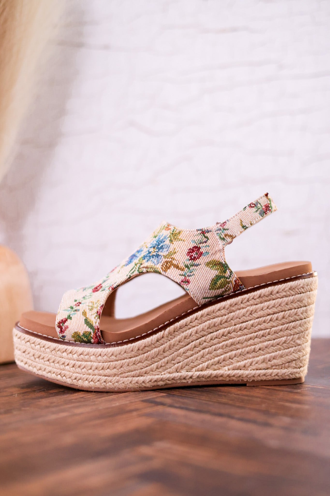 Tan and Floral Brocade Freddie Wedges - Whiskey Skies - CORKYS FOOTWEAR