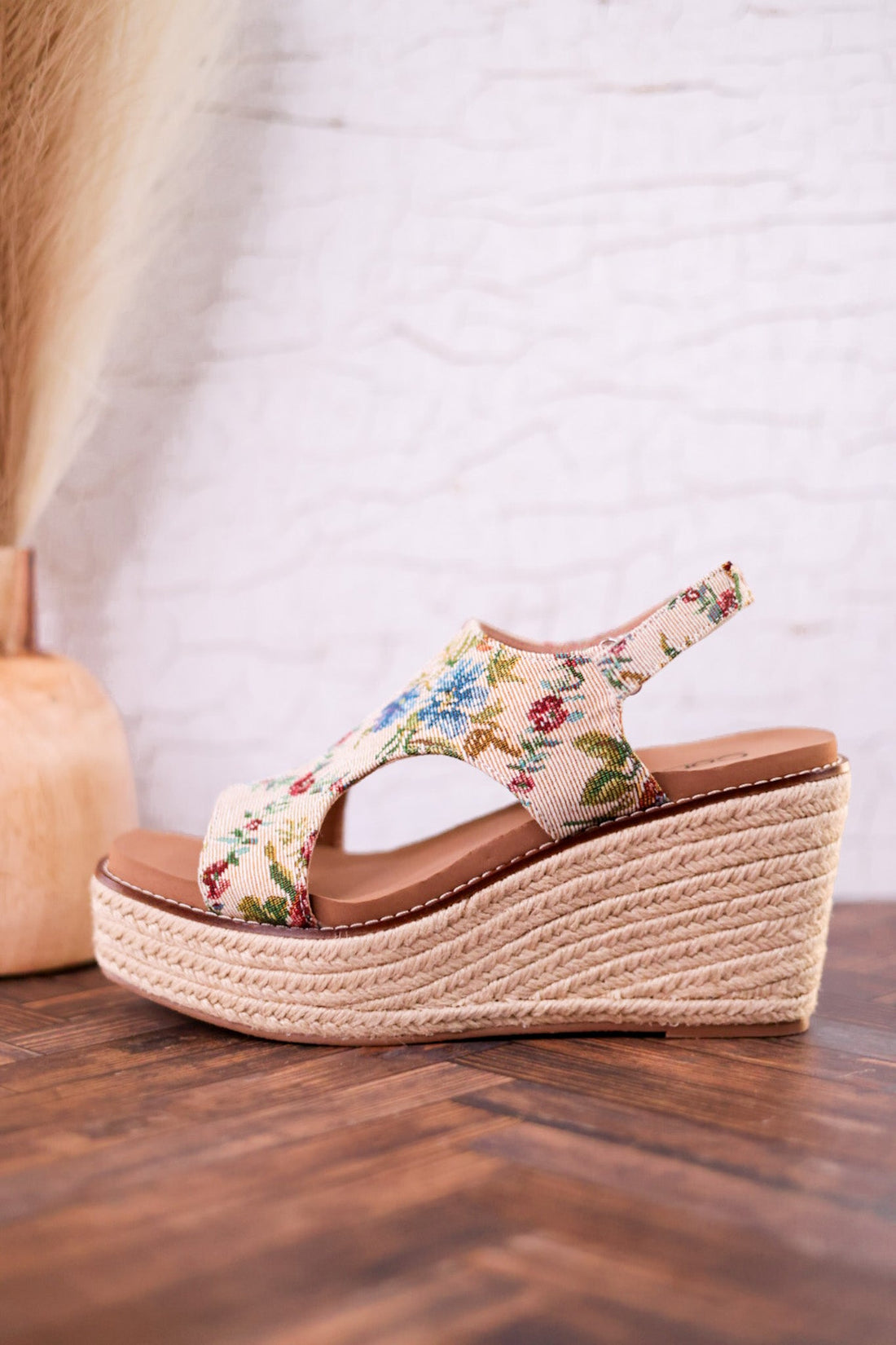 Tan and Floral Brocade Freddie Wedges - Whiskey Skies - CORKYS FOOTWEAR