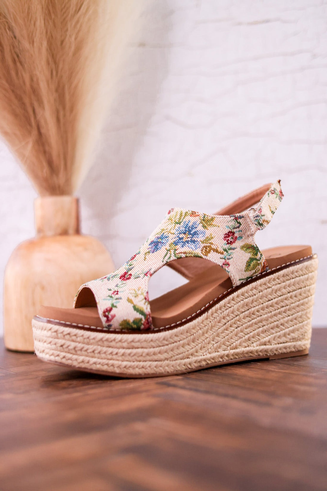 Tan and Floral Brocade Freddie Wedges - Whiskey Skies - CORKYS FOOTWEAR